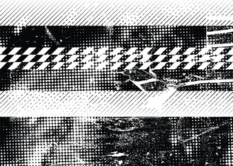 Aufkleber - Glitch distorted grunge layer . Noise destroyed texture. Checkered race grunge flag . Overlay grunge texture .Distressed effect .Vector shapes with a speed lines and tire tracks screen print texture.
