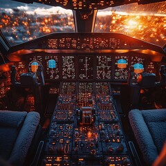 An illuminated airplane cockpit displays flight information and navigation