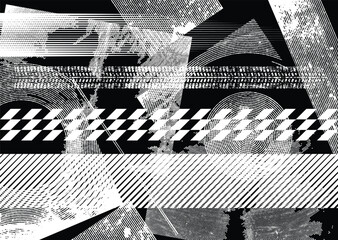 Aufkleber - Glitch distorted grunge layer . Noise destroyed texture. Checkered race grunge flag . Overlay grunge texture .Distressed effect .Vector shapes with a speed lines and tire tracks screen print texture.