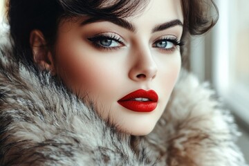 a woman wearing a fur coat and red lipstick, great for fashion or lifestyle images
