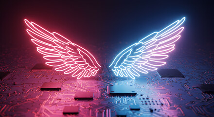 Neon wings emerging from a circuit board, representing technological ascension