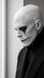 © Focusshop - Bald man with striking makeup stands pensively by a window, lost in thought, wearing a dark coat