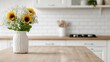 © senadlife - A beautiful bouquet of sunflowers in a woven vase perched on a wooden table evokes feelings of tranquility and rustic charm in home environments and nature-inspired interiors.