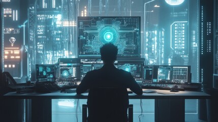 Futuristic cyber developer immersed in code creating technological innovation