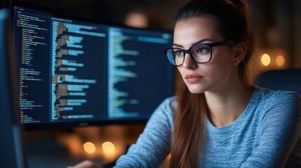 Focused female programmer coding at night with dual screens