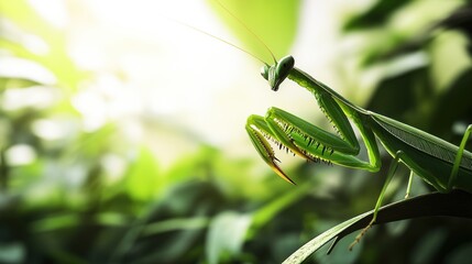 Intricate Green Insect Perched on a Leaf Detailed CloseUp of Natures Predator with Sharp Cla