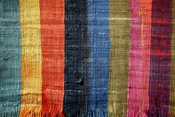 Wall Mural - close-up of a textured fabric with alternating bands of topaz, blue, green, yellow, and red, ribbed,