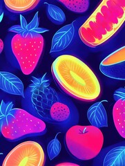 Poster - Bold pop-art design featuring neon illustrated fruits on a high contrast background with electric blue and pink hues