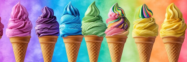Aufkleber - Cheerful rainbow ice cream cones display vibrant flavors against a pastel background perfect for sweet indulgence on a warm day