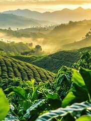 Aufkleber - Breathtaking panoramic view of lush green coffee plantations with morning mist and golden sunlight over rolling hills