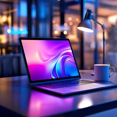 Poster - Modern Workspace: Laptop, Coffee, and Desk Lamp Illuminated by Neon Lights in an Office Setting.