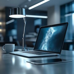 Poster - Modern Workspace: Laptop, Tablet, Coffee, and Desk Lamp in a Cool-Toned Office Setting 