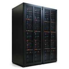 Fototapete - Server Room Power: Two Full Racks of Computing Hardware with Active Lights Displaying Data Processing