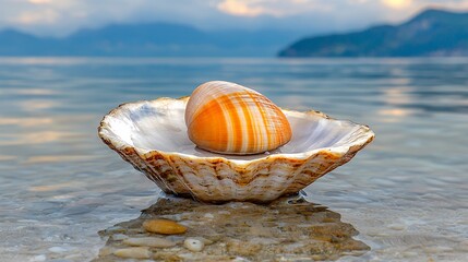 Canvas Print - seashell in larger shell on sandy beach with mountain background