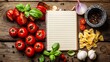 © miftakhul - Culinary composition with fresh ingredients and blank notebook inviting recipe creation on rustic wooden surface