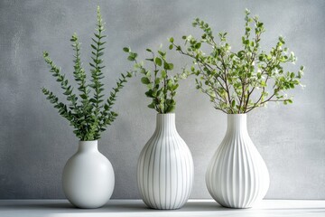 Poster - Elegant green plants displayed in modern white ceramic vases for stylish home decor