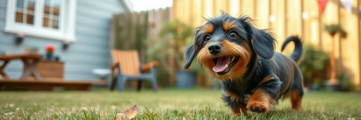 a small, long-bodied dachshund puppy with black and tan fur runs across a lush green lawn