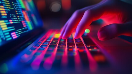person typing on a laptop screen. a hand typing on a colorful laptop keyboard. innovation code for c