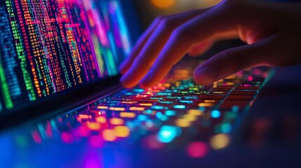 Person typing on a laptop screen. A hand typing on a colorful laptop keyboard. Innovation code for creativity and innovation. An individual using a laptop lifestyle keyboard.
