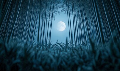 Wall Mural - a tranquil scene of a bamboo forest illuminated by a bright full moon on a cool night.