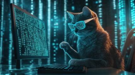 Cyberpunk Cat: A Feline Hacker immersed in Digital Data streams and Technology