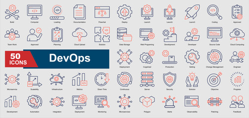 A set of DevOps line color icons. Includes automation, deployment, server, security, monitoring, and more. Perfect for infographics, apps, and IT dashboards.