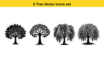 Vector set of black tree silhouettes with leaf and branch details