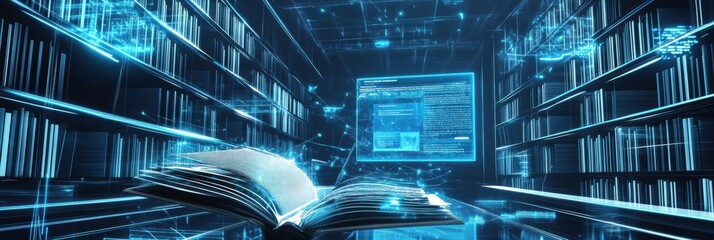 Aufkleber - Futuristic learning space with holographic screens and floating books designed for advanced education and technology integration