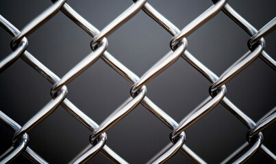Close up on shiny, metallic chain-link fence creating a geometric pattern against blurred background.