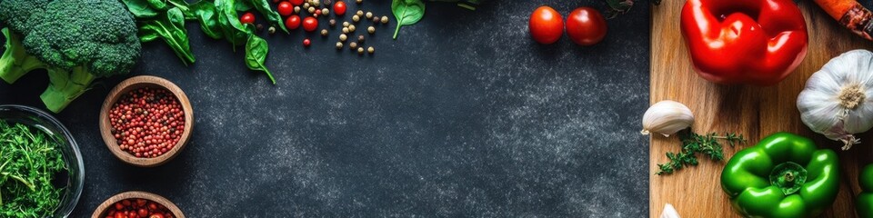 Poster - Fresh vegetables and herbs arranged on a dark countertop ready for cooking or meal preparation