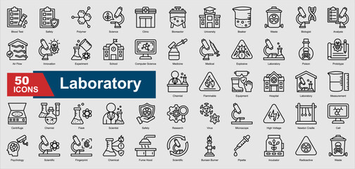 A collection set of line Laboratory icons. Includes microscope, beaker, scientist, experiment, research, and more. Perfect for illustration and design.
