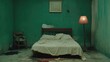© PAPAHJAHATZ - Empty, distressed bedroom with teal walls and a messy bed.  Visible stains and debris suggest neglect or recent use.  A vintage lamp stands near the bed