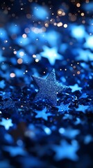 Blue star confetti, bokeh effect
