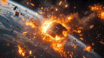 a catastrophic space battle unfolds above earth, with burning debris and exploding spacecraft fillin