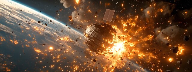 Wall Mural - a catastrophic space battle unfolds above earth, with burning debris and exploding spacecraft fillin