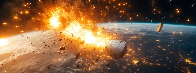 Wall Mural - a catastrophic space battle unfolds above earth, with burning debris and exploding spacecraft fillin