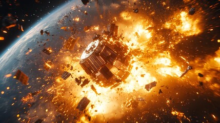 Wall Mural - a catastrophic space battle unfolds above earth, with burning debris and exploding spacecraft fillin