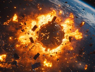 Wall Mural - a catastrophic space battle unfolds above earth, with burning debris and exploding spacecraft fillin