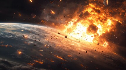 Wall Mural - a catastrophic space battle unfolds above earth, with burning debris and exploding spacecraft fillin
