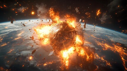 Wall Mural - a catastrophic space battle unfolds above earth, with burning debris and exploding spacecraft fillin