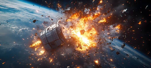Wall Mural - a catastrophic space battle unfolds above earth, with burning debris and exploding spacecraft fillin
