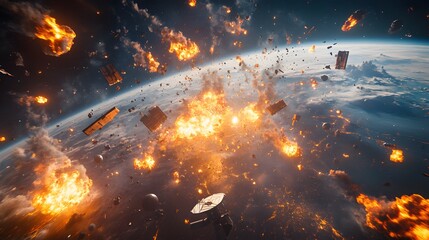 Wall Mural - a catastrophic space battle unfolds above earth, with burning debris and exploding spacecraft fillin