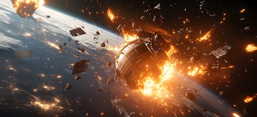Wall Mural - a catastrophic space battle unfolds above earth, with burning debris and exploding spacecraft fillin