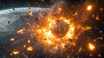 Wall Mural - a catastrophic space battle unfolds above earth, with burning debris and exploding spacecraft fillin