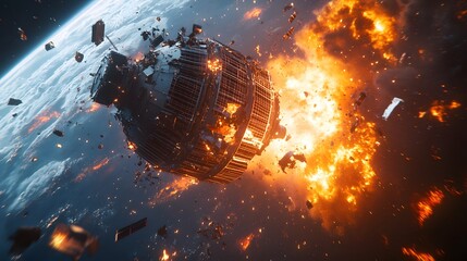 Wall Mural - a catastrophic space battle unfolds above earth, with burning debris and exploding spacecraft fillin
