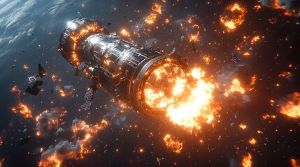 Wall Mural - a catastrophic space battle unfolds above earth, with burning debris and exploding spacecraft fillin