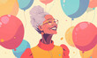 © Valentyna - illustration of happy senior woman with gray hair in elegant clothes and eyeglasses smiling and looking at balloons during nerds party