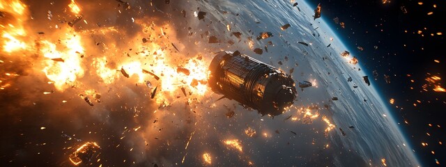 Wall Mural - a catastrophic space battle unfolds above earth, with burning debris and exploding spacecraft fillin