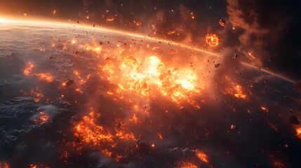Wall Mural - a catastrophic space battle unfolds above earth, with burning debris and exploding spacecraft fillin