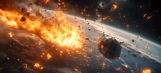 Wall Mural - a catastrophic space battle unfolds above earth, with burning debris and exploding spacecraft fillin